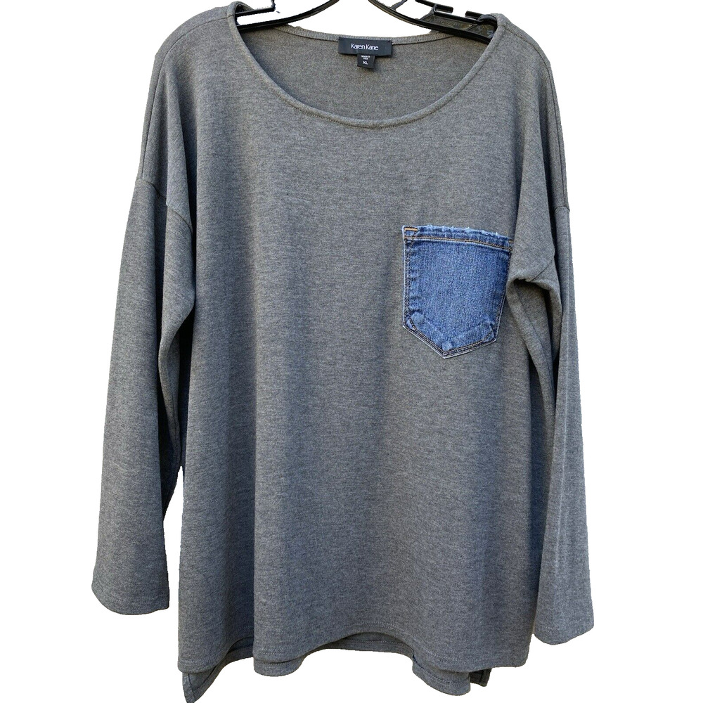 Karen Kane Long Sleeve Gray Pullover Top w/ Front Denim Pocket Sz L Cotton Blend